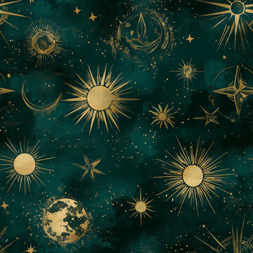 Seamless pattern with moon, plants and stars. Mystical esoteric background for design of fabric, packaging, astrology, phone case, wrapping paper.