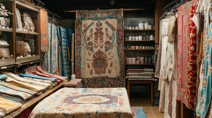 A display of intricately embroidered textiles, with ample space on the left for copy