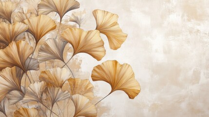 A serene, artistic depiction of golden and brown ginkgo leaves on a textured beige background.