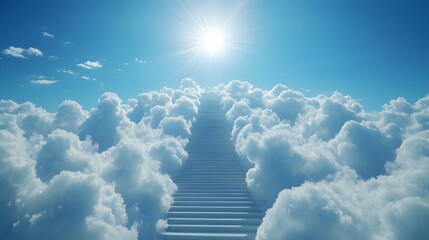A stairway to heaven, ascending into a bright blue sky, clear day, fluffy white clouds, intense sunburst at the top, lens flare, photorealistic, inspirational.