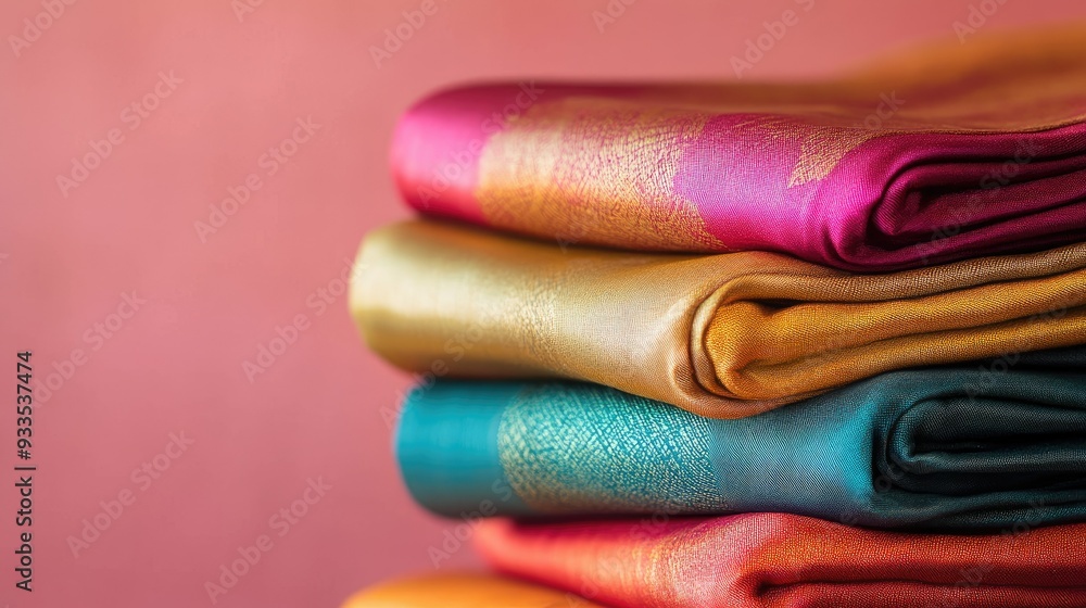 Poster a neatly folded stack of silk fabric with vibrant colors with ample space on the left for copy