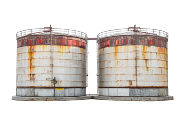 Rusty industrial tanks with weathered paint, showcasing age and wear, ideal for illustrating manufacturing or storage themes.