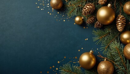 Christmas composition with green pine branch, golden decorations and balls, confetti on blue background with copy space. Top view, Flat lay. Xmas banner mockup, vintage postcard template