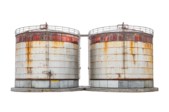 Rusty industrial tanks with weathered paint, showcasing age and wear, ideal for illustrating manufacturing or storage themes.