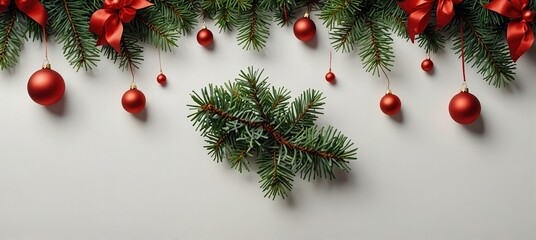 Christmas composition. Fir tree branches, red and green decorations on white background. Christmas, winter, new year concept. Flat lay, top view, copy