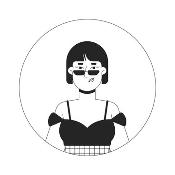 recommend clip art: Narrow sunglasses korean woman in summer dress black and white 2D vector avatar illustration. Stylish female bob hair outline cartoon character face isolated. Casual flat user profile image portrait