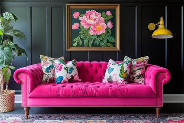 living room decorated in grandmillennial style, featuring a bold fuchsia velvet sofa with floral cushions