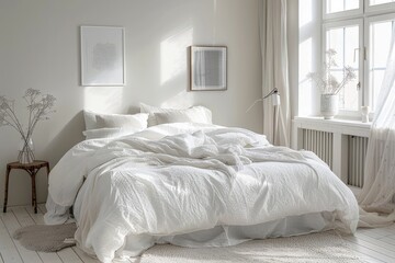 Minimalist white bedroom with cozy bedding and soft furnishings