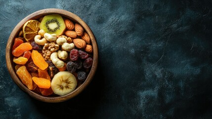 Fototapeta premium A selection of dried fruits and nuts in a wooden bowl with ample space on the top for text