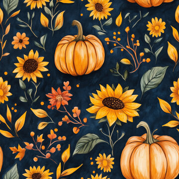Watercolor seamless pattern with sunflowers heads, pumpkins and autumn leaves. Fall pattern. Retro autumn print for textile and fabric. Pumpkins pattern for home and kitchen. Watercolor autumn motif