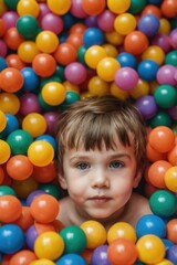 Obraz premium Happy Children Playing in Colorful Ball Pit, Smiling Together at Indoor Playground for Kids' Entertainment