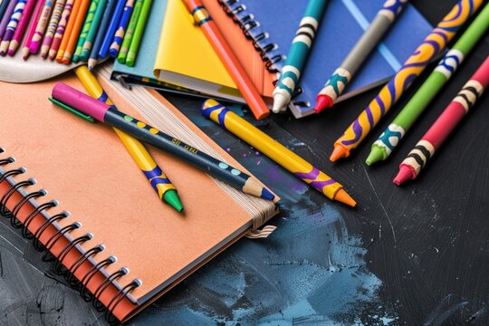 Education theme with notebooks, crayons, and paper, back to school concept with copy space
