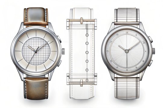 Design sketch of elegant mechanical wrist watch for professional timekeeping. Conceptual watch sketch, modern minimalism, clean lines, white background