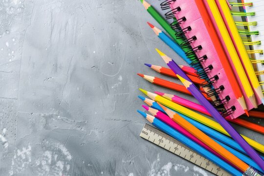 Back to school concept with notebooks, colorful pencils, and a ruler, ample copy space for text