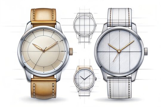 Design sketch of elegant mechanical wrist watch for professional timekeeping. Conceptual watch sketch, modern minimalism, clean lines, white background