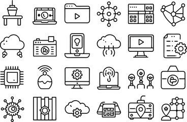 Technology related concept such as computer, server, cloud computing, Wi-Fi, router & many more, editable stroke outline icons isolated on white background flat vector illustration