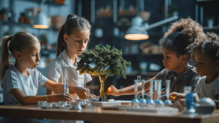 Multiracial Children Conducting Science Experiments in Classroom with Model Tree - Education, STEM Learning. Generative ai