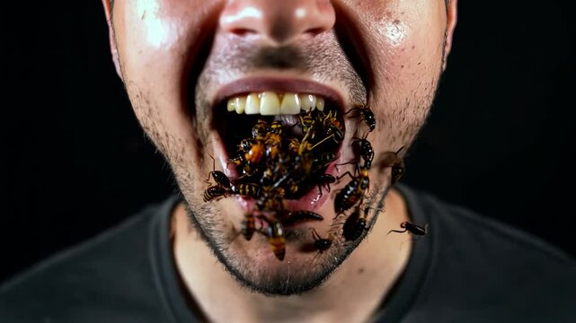 A man with an open mouth from which cockroaches crawl out, symbolizing nightmares, fears and phobias