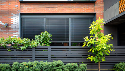 Modern wooden and brick fence with shutters blinds