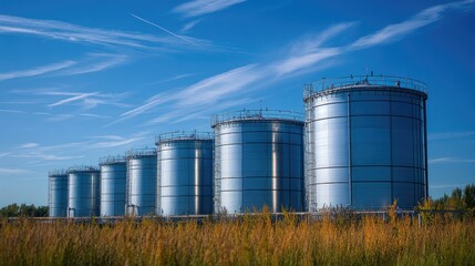 Natural gas storage tanks against a blue sky with space on the left for text