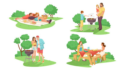 Four scenes of families and friends enjoying a summer picnic in the park, with children, barbecues, food. Colorful illustration on white background. Concept of outdoor activities. Vector illustration