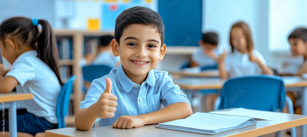 Poster the portrait shows a smiling latin schoolboy showing thumbs up and smiling as he sits in a classroom