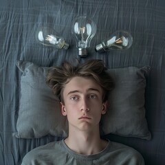 A young man with a light bulb on his head, symbolizing creativity and innovative ideas, creates a whimsical and thought-provoking image.