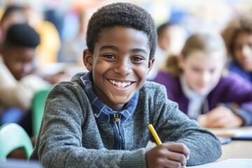 Student sitting at desk in classroom and smiling, next to classmates writing in copybooks. Concept of education, learning, and people.