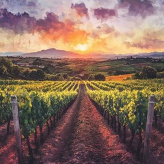 Fototapeta premium Enchanting Tuscan Landscape: AI-Generated Pointillist-Style Digital Art of Vineyards and Hills at Sunset. Elegant Abstract Illustration for Marketing, UI Design, and High-Resolution Wallpapers. Minima