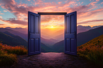 An open door with a view of the beautiful sunset on a mountains.