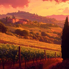 Enchanting Tuscan Landscape: AI-Generated Pointillist-Style Digital Art of Vineyards and Hills at Sunset. Elegant Abstract Illustration for Marketing, UI Design, and High-Resolution Wallpapers. Minima