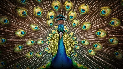 Obraz premium Close-up of a peacocks vibrant feathers fanned out in full display highlighting the intricate patterns Copy space available
