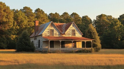 Obraz premium A rustic, weathered house surrounded by tall grass and trees.
