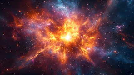 Exploding supernova in deep space, swirling cosmic dust, vibrant nebula colors, distant stars, galactic scale, astrophysics visualization, awe-inspiring celestial event.