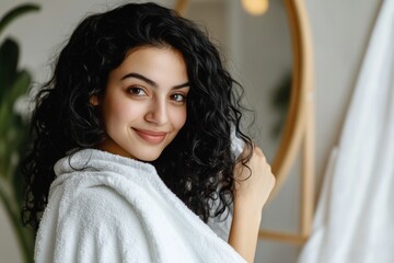 An attractive European lady stands in front of a mirror and smiles while removing her curly hair