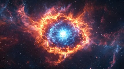 Obraz premium Exploding supernova in deep space, swirling cosmic dust, vibrant nebula colors, distant stars, galactic scale, astrophysics visualization, awe-inspiring celestial event.