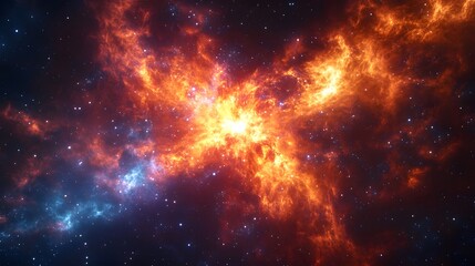 Obraz premium Exploding supernova in deep space, swirling cosmic dust, vibrant nebula colors, distant stars, galactic scale, astrophysics visualization, awe-inspiring celestial event.