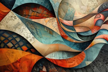 Abstract Composition of Curving, Textured, and Patterned Shapes in Blues, Oranges, and Browns