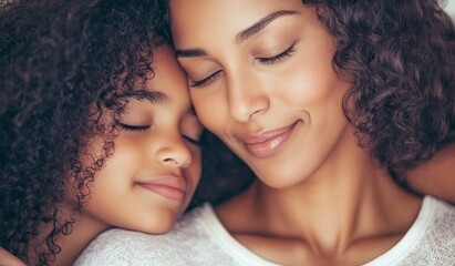 Obraz premium A tender and loving preteen girl sits facing her loving tender mom and touches foreheads together, side view closeup