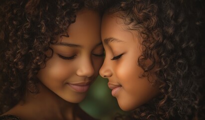 Obraz premium A closeup of a preteen girl sitting face-to-face with her tender mother, touching foreheads together, perspective from the side