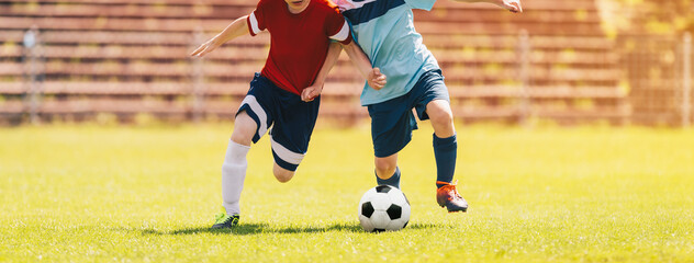 Kids Soccer Game. Children Boys Compete in Duel on Football Tournament Match. Ball Kick Moment....