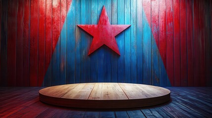 Bold red Texas star on a vibrant blue and red wooden background with spotlight effect on circular wooden platform