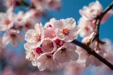 Delicate Pink Cherry Blossoms on a Branch Against a Blue Sky