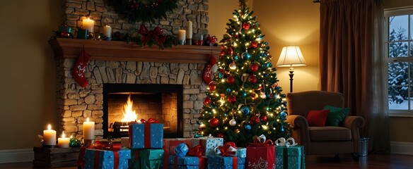 Christmas tree with presents and fireplace, wide photo