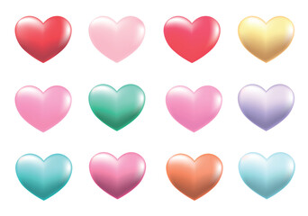 Set of hearts in 3d cartoon design. Realistic hearts in different pastel colors are depicted in this collection in an incredibly vivid style. Vector illustration.