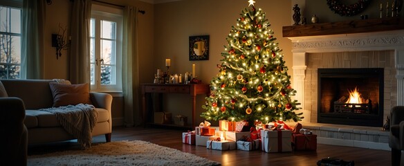 Christmas tree with presents and fireplace, wide photo