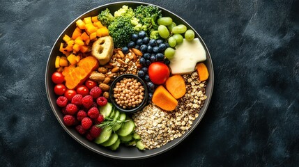 Top view of a balanced plate with fruits vegetables grains protein and dairy showcasing vibrant colors. Copy space available