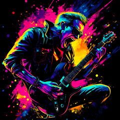 Intense Graffiti Rock Guitarist with Neon Colors