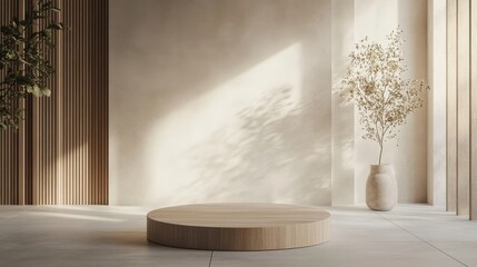 Minimalist Scandinavian interior with wooden platform and planter in serene neutral tones