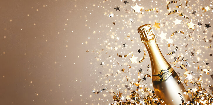 Top view Golden champagne bottle, confetti stars and party streamers celebration background